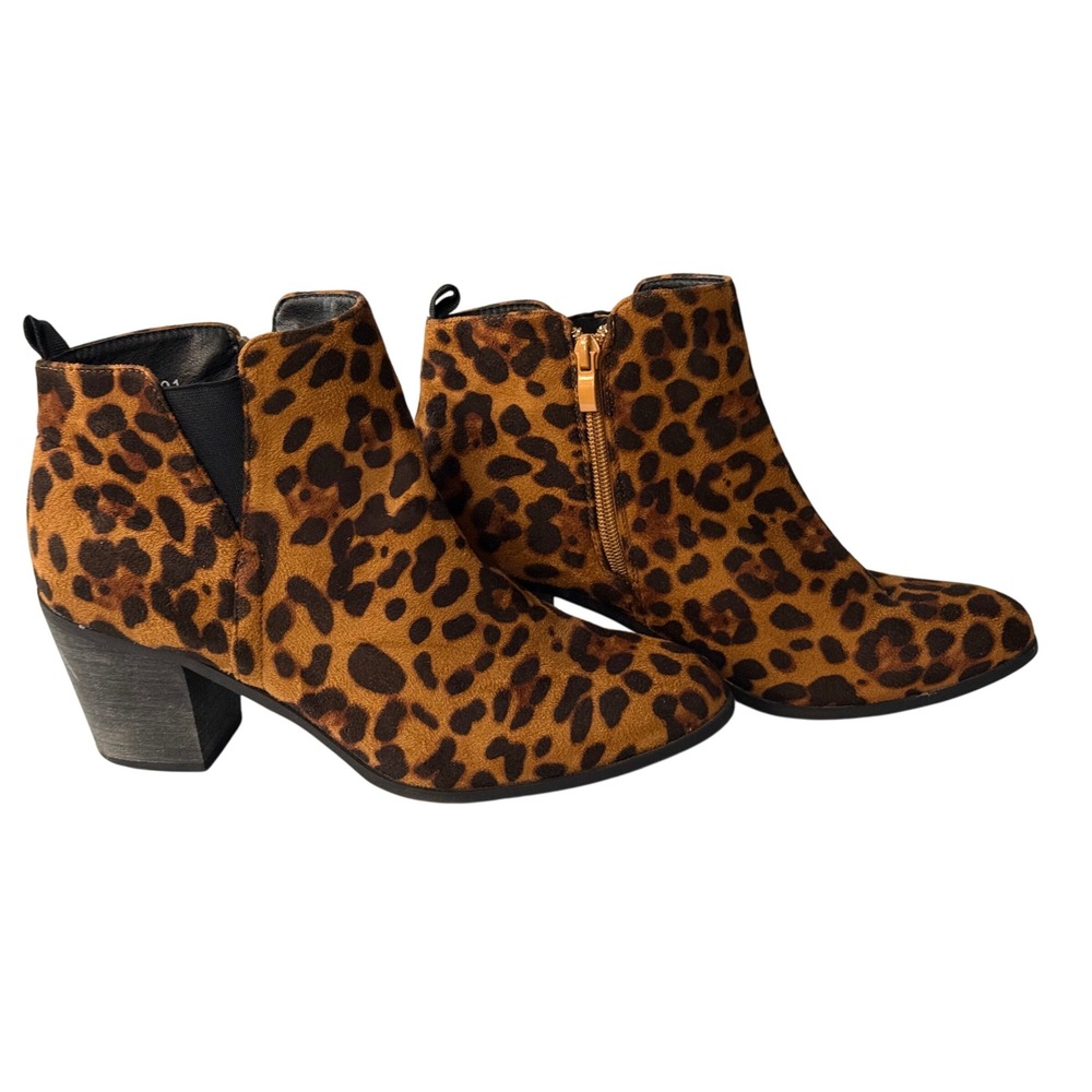 Refresh Nora-01 Leopard Print Ankle Boots Womens 11 Faux Suede Block Heel Zip‎